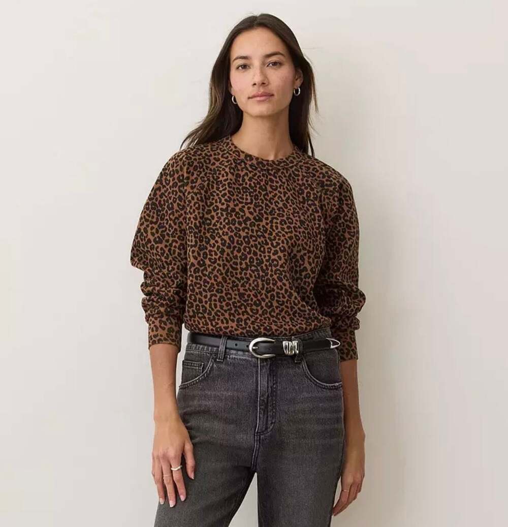 Marine Layer Anytime Sweatshirt Size Xs Leopard Print Puff Sleeve Brown Crewneck